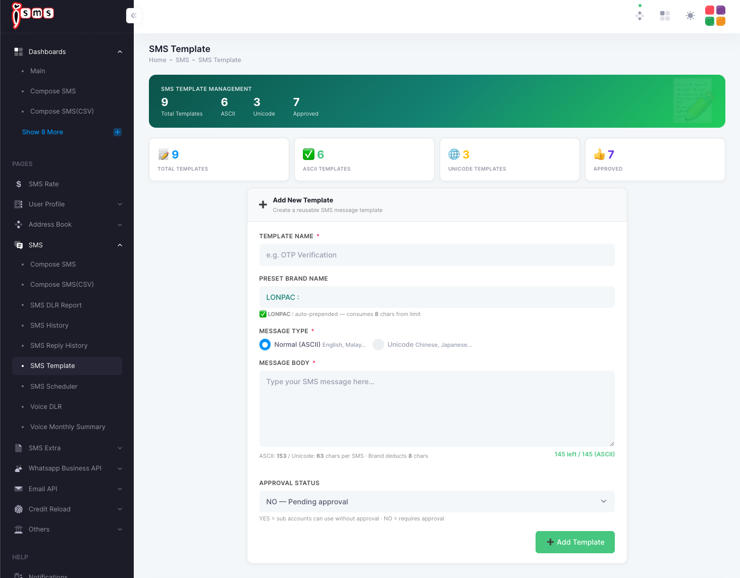 The iSMS SMS Template Management screen, with template totals and an Add New Template form: name, preset brand, message type, message body, and approval status.